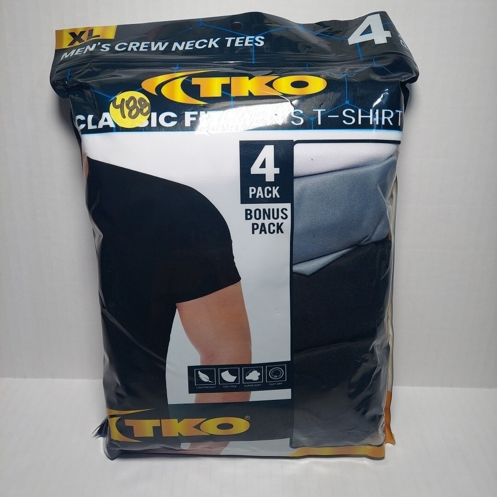 TKO Men's Size XL - Classic Fit T-Shirt 4-Pack Crew Neck Te = 2 Blk/1 Gry/ 1 Wht